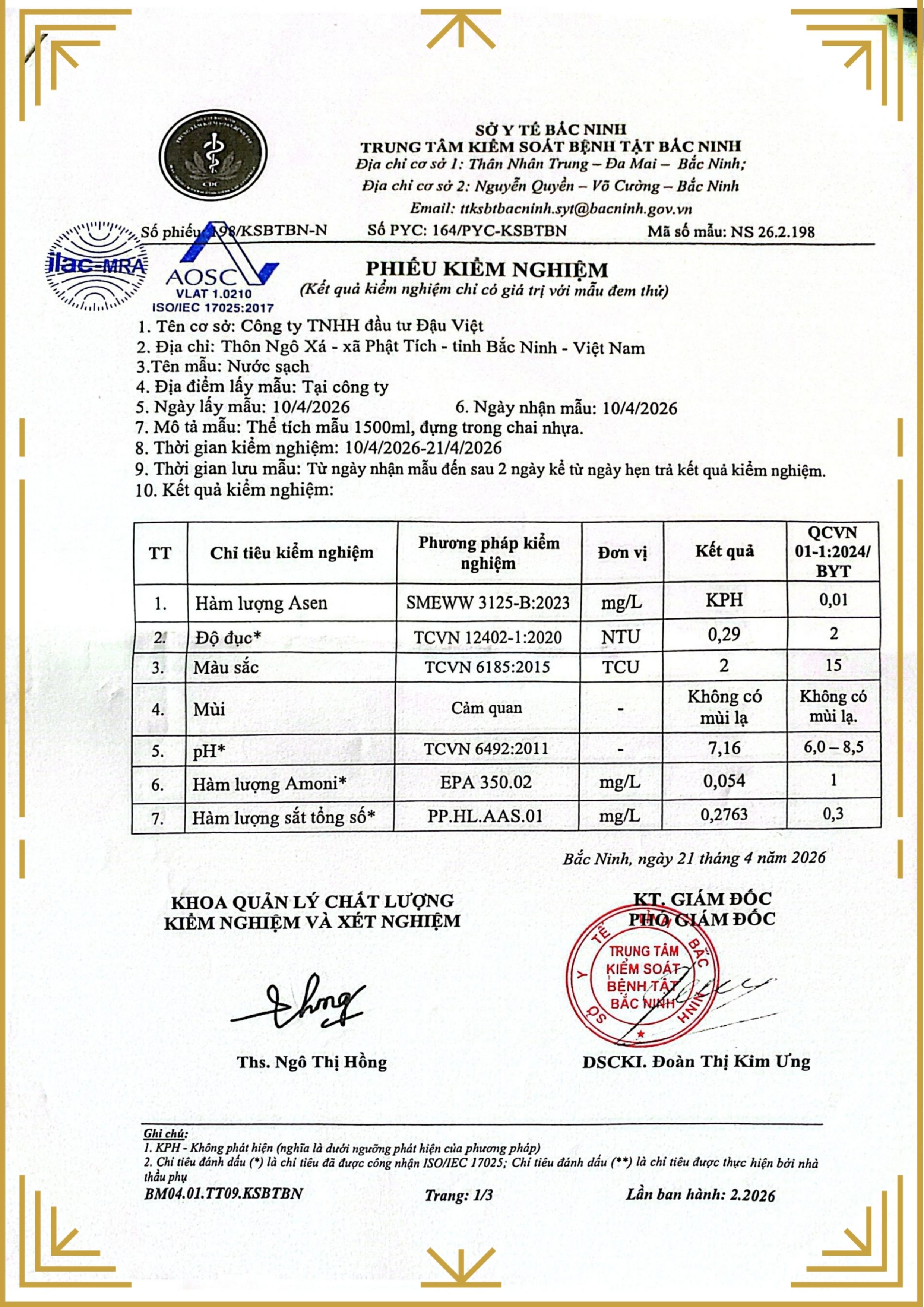 Phiếu kiểm nghiệm nước